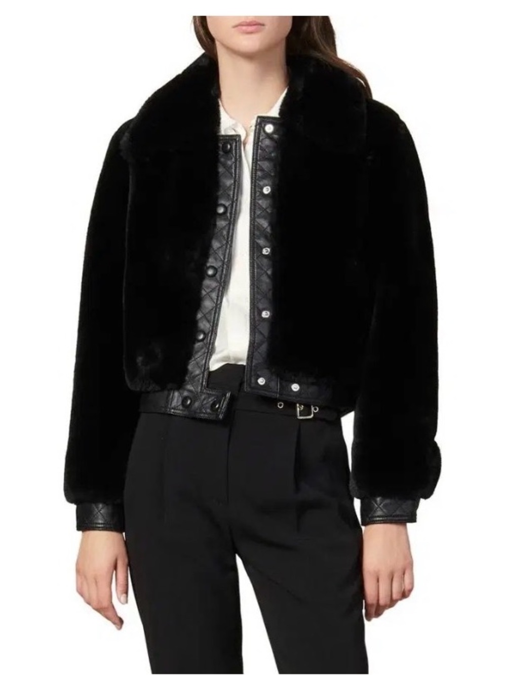 Sandro Black Faux Fur Teddy Jacket with Quilted Leather  Trim